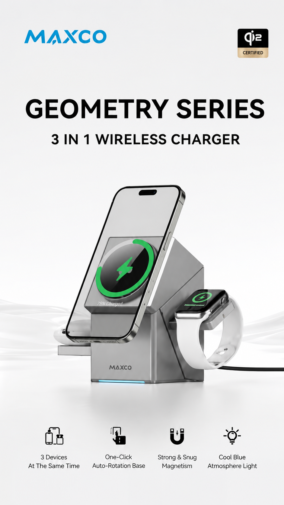 Stazione di ricarica wireless Qi2 3-in-1 con base a cubo magico rotante automaticamente per iPhone, AirPods e Apple Watch TechPlus
