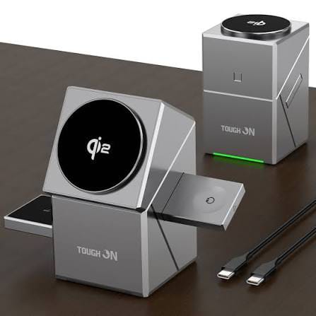 Stazione di ricarica wireless Qi2 3-in-1 con base a cubo magico rotante automaticamente per iPhone, AirPods e Apple Watch TechPlus